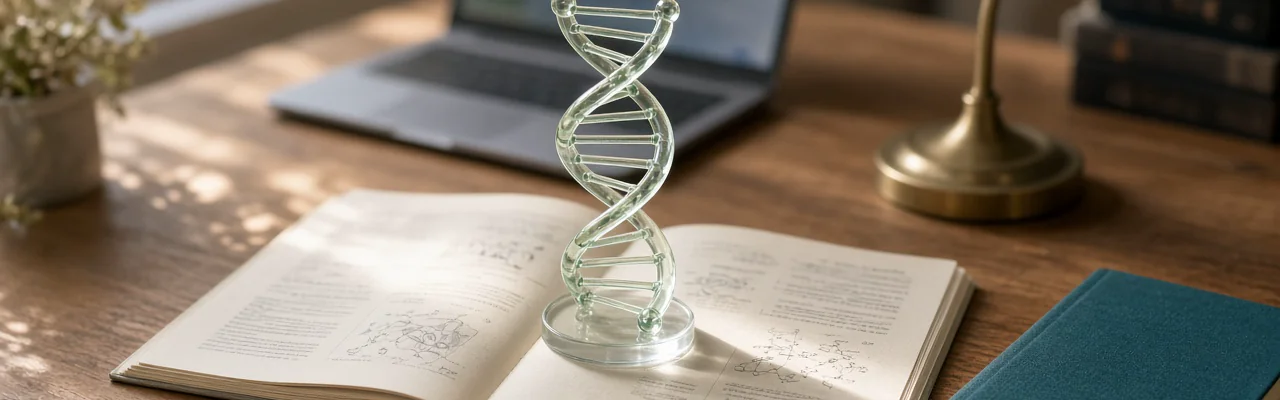A glass DNA helix on a sunlit desk between two open research papers, with a laptop and a brass lamp behind them.