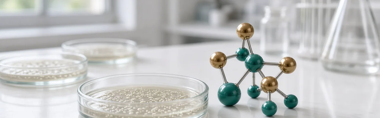 Petri dishes of bacterial cultures on a lab bench beside a small ball-and-stick molecule model.