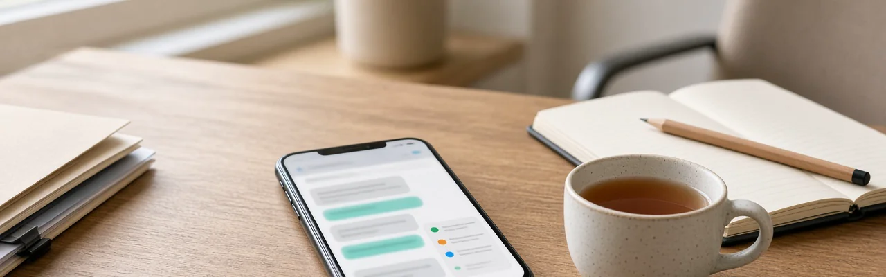A phone on a quiet desk showing a chat with a few lines highlighted, next to a notebook and a cup of tea.
