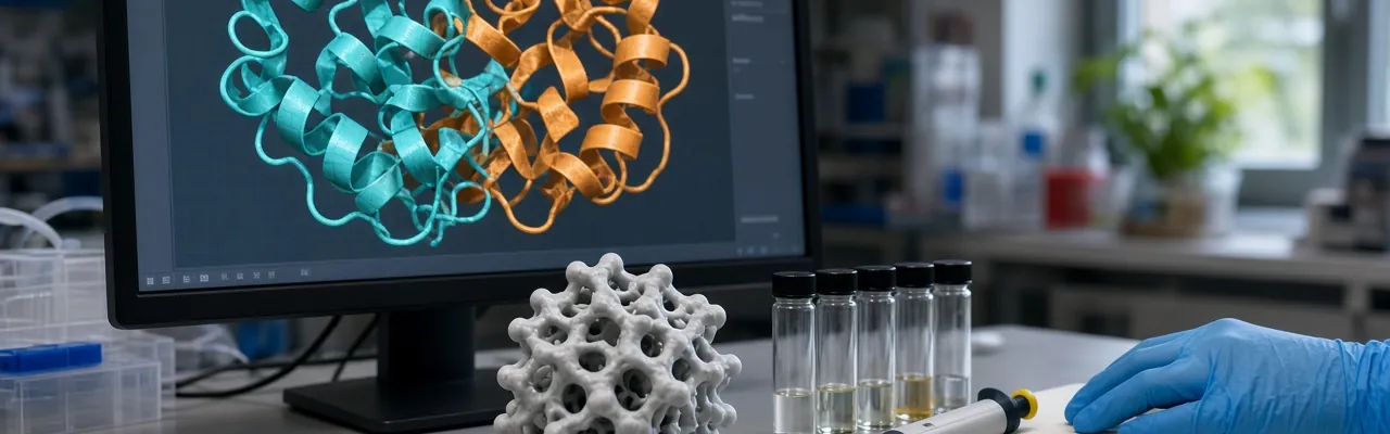 A lab bench with a monitor showing a folded protein ribbon, a physical protein model, vials, and gloved hands holding a pipette.