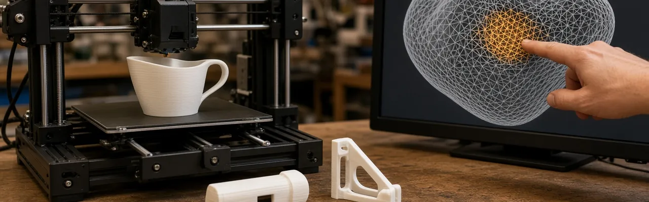 A desktop 3D printer beside a monitor showing a wireframe mesh with one section highlighted, and a finished printed whistle on the bench.