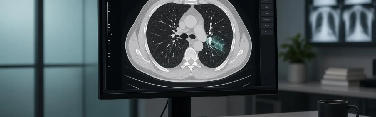 A radiology workstation monitor showing a grayscale chest CT scan with a teal highlight on one lung region, keyboard and mug on the desk.
