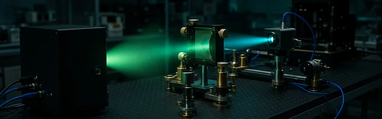 A dark optics lab bench with a green-to-cyan laser beam passing through a framed optical modulator toward a camera sensor.