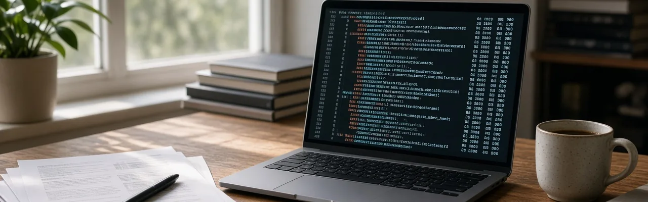 An open laptop on a wooden desk showing code-like text on a dark screen, papers, coffee mug, and window light.