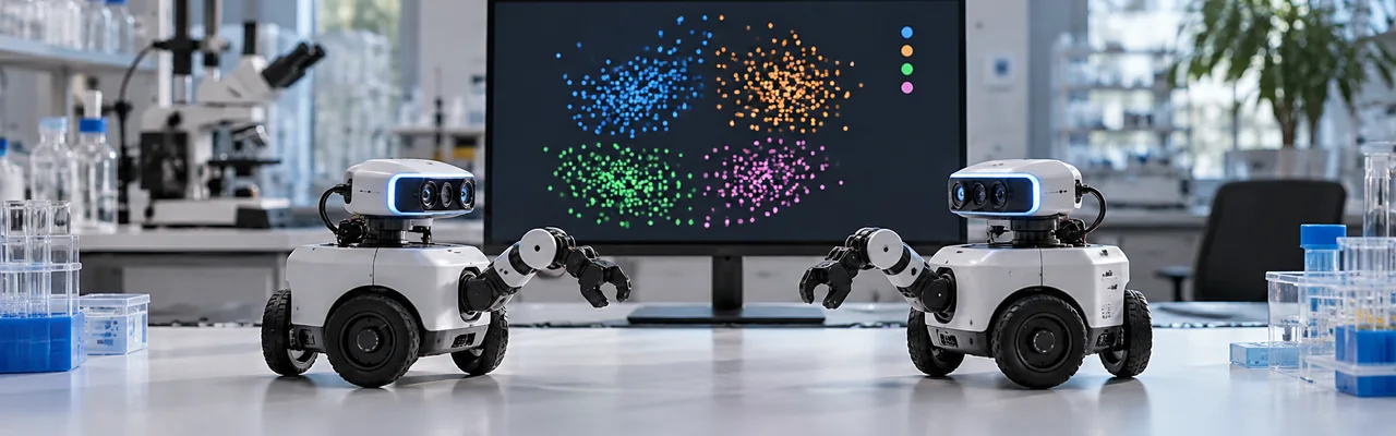 Two small wheeled research robots on a lab table, with a monitor behind them showing coloured dots grouped into clusters.