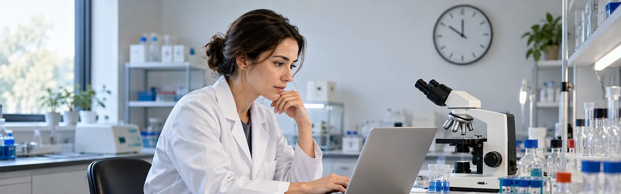 A scientist at a lab bench working on an open laptop beside a microscope and sample racks, with a wall clock in the background.