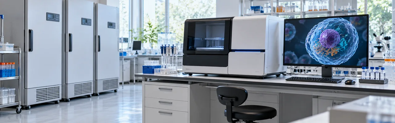 A bright biology lab with a row of sample freezers and a sequencing machine, and a screen showing a 3D rendering of a cell.