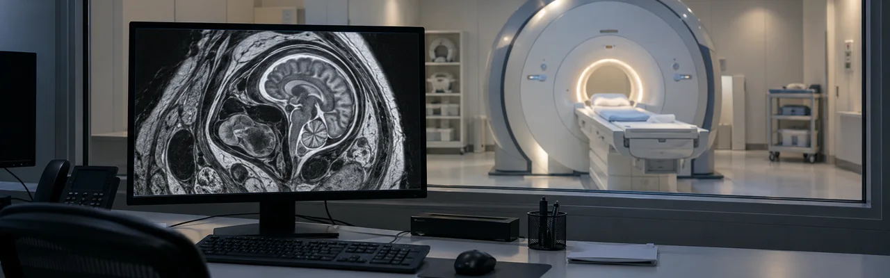 A hospital MRI control room, with a monitor showing an illustrative grayscale brain scan and an MRI scanner visible through the window.