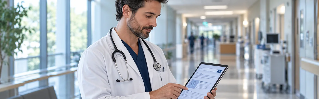 A doctor in a hospital corridor reading a tablet that shows a medical search screen, a stethoscope around the neck.