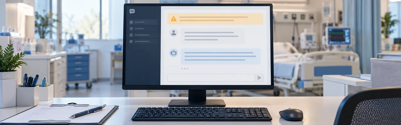 A hospital workstation monitor showing a chat window with a short highlighted safety note at the top, a clipboard and pen beside the keyboard.